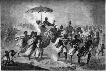 Palanquin Walk královny Madagaskaru Raboude (Rasoherina) (1818-1868), manželka Radama II. Rytina v „“ Le Monde Illustré““ č. 303 z 31. ledna