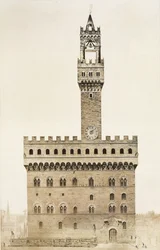Palazzo Vecchio, nebo Palazzo della Signoria, Florencie, z fragmentů architektury středověku a renesance, vyryl Jules Adolphe Chauvet (b.1828)