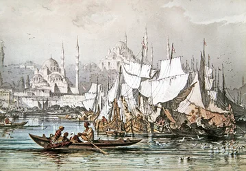 Panorama lodní dopravy v přístavu v Konstantinopoli s Modrou mešitou a Hagia Sophia