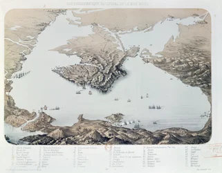 Panoramatický pohled a plán Sevastopolu a pobřeží Černého moře v době krymské války, 1855