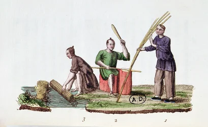 Výroba papíru z bambusu, z La Chine en Miniatures od M. Bretona, vydáno v Paříži, 1811