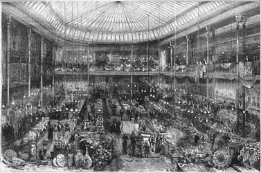 Pařížské obchodní domy: pohled na obchodní halu Little Saint Thomas v roce 1878. Rytina od Scotta v „“The Illustrous World”” č. 1124 z 12. října