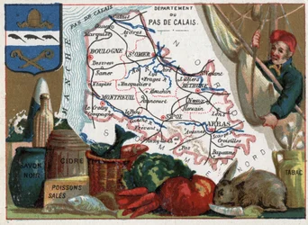 Pas-de-Calais (62), Nord-Pas-de-Calais, Francie. Místní speciality: černé mýdlo, špinavé ryby, cider a tabák. Série o francouzských departementech. Chromolitografie (chromo) „zeměpisná nit“, kolem roku 1920. Soukromá sbírka.