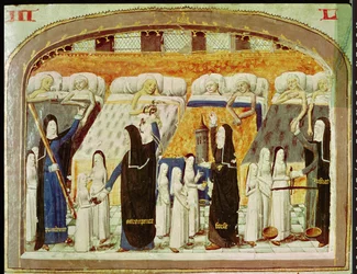 Pacienti a jeptišky v nemocnici hotelu Dieu v Paříži, z Le Livre de Vie Active de lHotel Dieu od Jeana Henryho, kolem 1482