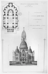 Paul Abadies vítězný návrh v soutěži o návrh Sacré-Coeur na Montmartru z Croquis dArchitecture, 1875