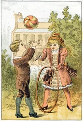 Paul hraje míč a Louise hraje obruč - v „Alphabet des petits savants“, konec 19. století (chromolitograf)