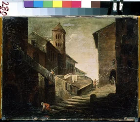 ""Krajina ve francouzské vesnici"" Most a řeka v oblíbené čtvrti. Francouzská školní malba. Muzeum umění Michaila Krošitského z počátku 18. století, Sevastopol (Sevastopol) Ukrajina