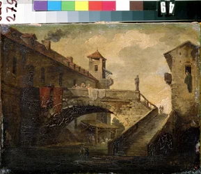 ""Krajina ve francouzské vesnici"" Most a řeka v oblíbené čtvrti. Francouzská školní malba. Muzeum umění Michaila Krošitského z počátku 18. století, Sevastopol (Sevastopol) Ukrajina