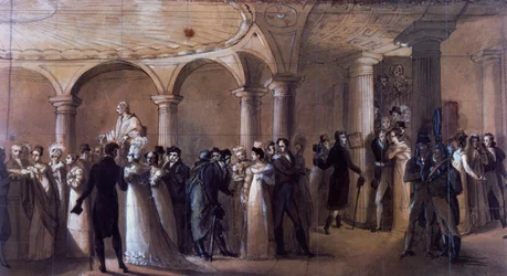 Peristyle v Theatre-Francais v Paříži, kolem roku 1822 (barevné lito)