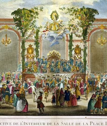 Perspektivní pohled na interiér pokoje Place Dauphine (detail 101863) (barevná rytina)