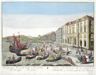 Perspektivní pohled na radnici a část přístavu v Marseille, c.1770
