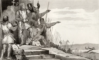 Philippe II. Auguste (1165-1223) vyhrává bitvu u Bouvines po modlitbě, z „Histoire de France“ od Colarta, vydané kolem roku 1840