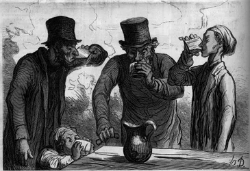 Fyziologie pijáka: čtyři věky. Kreslený film Honore Daumier (1808-1879). Rytina v „“ Le Monde Illustré““ č. 289 z 25. října