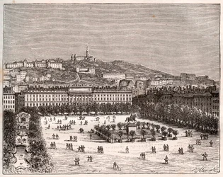 Place Bellecour nebo Place Louis-le-Grand - největší náměstí v Lyonu - rytina „La France illustrée: geografie, historie, statistická správa“ od V.-A. Sladově hnědá. 1884