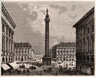 Place Vendome v Paříži v 19. století – rytina „La France illustree: geographie, histoire, administration statistique“ od V.A. Sladově hnědá. 1884