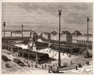 Place de la Republique v Paříži – rytina v „La France illustree: geography, history, administration statistique“ od V.A. Sladově hnědá. 1884