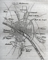 Mapa Paříže za Jindřicha III. (1580) Rytina do „Fyzické, občanské a morální historie Paříže: od nejstarších historických dob po současnost““ od Jacquese Antoine Dulaure