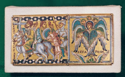 Plaketa zobrazující Herakleia (asi 575-641) a Ezechielovo vidění, škola Mosane (malovaný smalt)