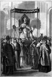 Papež Pius IX (1792-1878) nese procesně do kostela svatého Petra v Římě (Itálie) na Květnou neděli v roce 1861. Rytina v „“ Le Monde Illustré““ č. 209 z 13. dubna 1861.