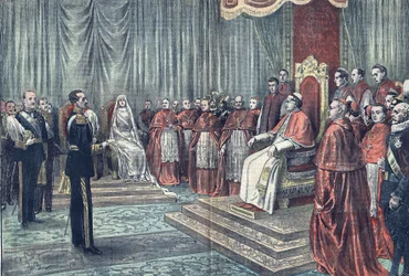 Papež Pius XI. přijímá na slavnostní audienci španělské panovníky v Le Pelerin.