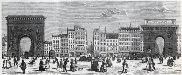 Porte Saint-Denis a rue faubourg Saint Denis - Porte saint Martin a rue faubourg Saint-Martin Rytina v „“Tableau-de-Paris”” od Edmonda Texiera (1815-1887)