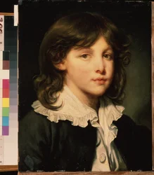 ""Portrait of a boy"" (Portrait of a boy) Mladý teenager s dlouhými vlasy. Francouzská školní malba. Puškinovo muzeum z konce 18. století, Moskva