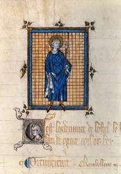 Celopostavový portrét svatého Ludvíka v majestátu (Ludvík IX.) (1214-1270). Miniatura převzatá z „Rejstříku nařízení královského dvora“. Paříž, Národní archiv