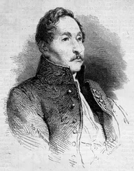 Portrét Alexandra Denise Abela de Pujol (1787-1861), francouzského malíře. Rytina v „“ Le Monde Illustré““ č. 235 z 12. října 1861.