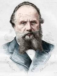 Portrét Aristida Boucicauta (1810-1877), francouzského obchodníka, ředitele obchodních domů Bon Marche. Rytina v „“ Le Monde Illustré““ č. 1082 z 5. ledna 1878.