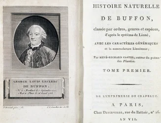 Buffonův portrét a titulní list "Buffonova přírodopisu" s rozdělením podle řádů, rodů a druhů podle Linného systému