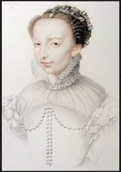 Portrét Catherine de Medici (1519-89), faksimile kresby ze 16. století objevující se v Portrétech nejslavnějších francouzských osobností 16. století od P.G. Niel, Paříž, 1848 (grafit o