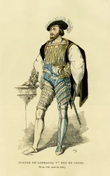 Portrét Clauda de Lorraine (1496-1550), prvního vévody z Guise. Barevná rytina, „Francie a Francouzi v průběhu staletí““ od Augustina Challamela, editora F. Roye, Paříž 1882. Selva Collection.