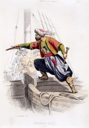 Portrét Draguta - Reïse, tureckého piráta 16. století - v „“Historie pirátů a korzárů oceánu a Středozemního moře”” od P. Christiana, Paris, D. Cavaillés ed., Tome 1