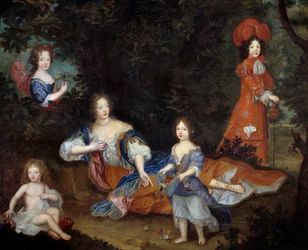 Portrét Francoise Athenais (Francoise-Athenais) od Rochechouarta Mortemarta, markýzy de Montespan (nebo paní de Montespan) (1640-1707) a jejích dětí, vévody z Maine, hraběte z Vexinu, slečny z Tours a slečny z Nantes. Francouzská škola