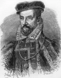 Portrét Gaspard de Coligny, známý jako admirál de Coligny (1519-1572). V ""Populární historie Francie"", nd. kolem 1885. Rytina.