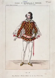 Portrét Gilberta Dupreze, francouzského tenoristy a skladatele v „La Favorite“ od Gaetana Donizettiho (barevná rytina)