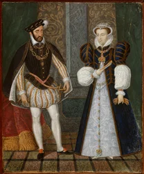 Portrét Jindřicha II. (1519 - 1559) a Kateřiny Medicejské (Caterina de Medici) (1519 - 1589), krále a královny Francie. Anonymní francouzská malba
