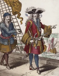 Portrét Jeana Barta (1650-1702) držícího hořící zápalnici v ústech během námořního střetnutí (barevná rytina)