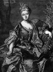 Portrét Jeanne Becu, hraběnky (nebo paní) z Barry (1743-1793), poslední milenky Ludvíka XV., v Ceres, bohyně zemědělství. Rytina do „Historie prostituce a zhýralosti u národů zeměkoule od starověku po současnost““ od Dr. T.