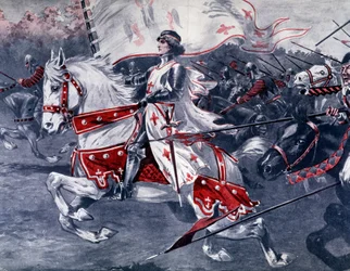 Portrét Johanky z Arku na koni s královskou vlajkou, Francie konce 19. století.