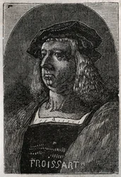 Portrét Johna Froissarta (Jean Froissart) (1337-1404), francouzských kronikářů středověké Francie - rytina v „“ Histoire de France““ od Victora Duruye (1811-1894) - 1882