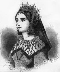 Portrét Judith Francouzské (843-870), královny Wessexu a poté hraběnky z Flander. Rytina do „Historie prostituce a zhýralosti u národů zeměkoule od starověku po současnost““ od Dr. Th.-F. Debray. 1879.