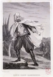 Portrét Kheira - Eddina - Barberousse, tureckého piráta 16. století - v „“Historie pirátů a lupičů oceánu a Středozemního moře““ od P. Christiana, Paris, D. Cavaillés ed., Volume 1