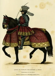 Portrét Ludvíka XII., francouzského krále (1462-1515), při jeho vjezdu do Janova 26. srpna 1502. Barevná rytina podle iluminovaného rukopisu z Národní knihovny (1515), v knize „France et les Français à travers les siècles“ od Augustina Challamela, F. Roy
