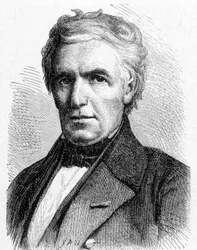 Portrét Marca Séguina (1786 - 1844), francouzského inženýra, který vymyslel princip zavěšených mostů, také vynálezce trubkového kotle - v „Album de la Science; věhlasní vědci; Velké objevy “”” 1896.