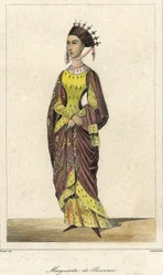 Portrét Marguerite de Provence (1221 - 1295), francouzské královny, manželky Ludvíka IX. Rytina 19. století.