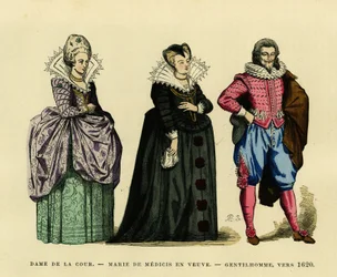 Portrét Marie de Medicis (1573-1642), královny Francie, ve vdovském hábitu, obklopená dvorní dámou a gentlemanem, kolem roku 1620. Barevná rytina, ve „France et les francais a travers les siecles“ od Augustin Challamel, redaktor F.Roy, Paris 18
