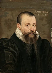 Portrét Michela Eyquema de Montaigne (1533-1592), ve věku 57 let, malá polopostava v černém oděvu s bílým límcem