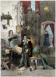 Portrét Nostradama, Michel de Notre Dame (1503-1566) francouzský astrolog a lékař s Catherine de Medicis (Caterina de Medici) (1519 - 1589) - 19. století (rytina)