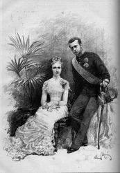 Portrét princezny Stephanie Belgické (1864-1945) a arcivévody Rodolpha Rakouska (1858-1889). Rytina v „“ Le Monde Illustré““ č. 1209 z 29. května 1880.